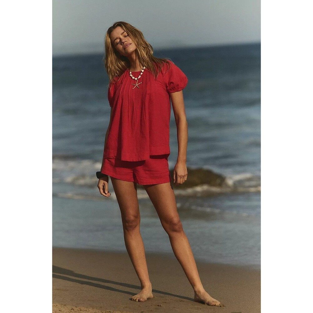 Free People Free-est Sunny Somewhere Cotton-Linen Blouse Top Red Shirt M 284528
